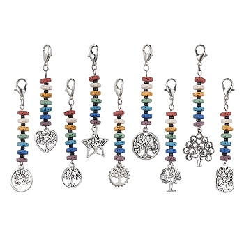 Tree of Life Tibetan Style Alloy Pendant Decorations, 7 Chakra Natural Lava Rock & Glass Seed Beads and Lobster Claw Clasps Charms, Mixed Shapes, 76.5~87mm, Pendants: 59~69x5.5~23.5mm, 9pcs/set