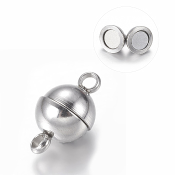 304 Stainless Steel Magnetic Clasps with Loops, Ion Plating (IP), Round, Stainless Steel Color, 11.5x6mm, Hole: 1.6mm