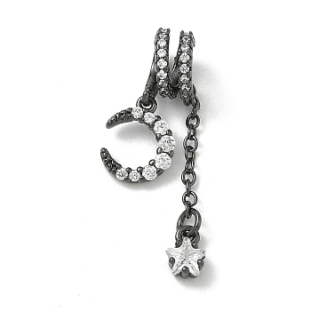 Brass Micro Pave Clear Cubic Zirconia Pendants, Moon with Star Charms, Rack Plating ,Long-Lasting Plated, Lead Free & Cadmium Free, Gunmetal, 37.5x12x10mm, Hole: 5mm