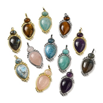 Natural Mixed Stone Pendants, Teardrop Charms with Rack Plating Platinum & Golden Plated Brass Findings, Cadmium Free & Lead Free, 43.5x22x7.8mm, Hole: 3.2x5.3mm