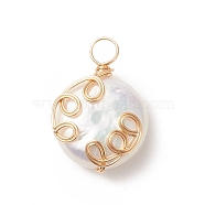 Natural Baroque Pearl Keshi Pearl Pendants, with Copper Wire Wrapped, Flat Round Charm, Golden, 19.5x13x5.7mm, Hole: 3.5mm(PALLOY-JF02027)
