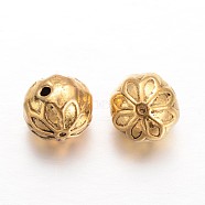 Round Alloy Beads, with Flower Pattern, Antique Golden, 10mm, Hole: 1mm(PALLOY-L166-23AG)