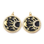 Brass Clear Cubic Zirconia Enamel Pendants, with Jump Ring, Long-Lasting Plated, Real 18K Gold Plated, Lead Free & Cadmium Free, Flat Round with Sun and Moon Pattern, Black, 27x25x3mm, Jump Ring: 5x0.8mm, 3.5mm Inner Diameter(ZIRC-C024-29G)