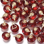 Valentine's Day Glass Pendants, with Light Gold Plated Brass Ice Pick Pinch Bails, Faceted, Flat Round with Rose & Heart, Red, 17~18x14x10mm, Hole: 1.2mm(X-GLAA-N038-003G)