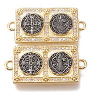 Brass Micro Pave Clear Cubic Zirconia Links Connectors, Long-Lasting Plated, Religion, Rectangle with Cross & Goddess, Gunmetal & Golden, 32.5x16x3mm, Hole: 2.3mm(ZIRC-I044-04B)