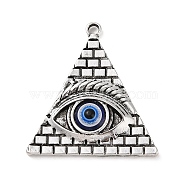 Tibetan Style Alloy Egyptian Pyramid Eye Pendants, Evil Eye Resin Charms, Antique Silver, 37x35x5mm, Hole: 2mm(PALLOY-K021-04AS)