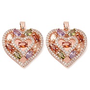 Brass Micro Pave Cubic Zirconia Pendants, Long-Lasting Plated, Rose Gold, Heart Charm, Colorful, 23.5x22x7mm, Hole: 4.5x2.8mm(KK-D061-09RG)