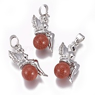 Synthetic Goldstone Pendants, with Platinum Tone Brass Findings, Fairy, 25~26x12~13x8mm, Hole: 3.5x5.5mm(G-L512-E01)