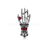 Halloween Theme Rhinestone Skull Hand Brooch Pin, Alloy Badge for Backpack Clothes, Antique Silver, 48x22mm(HAWE-PW0001-189)
