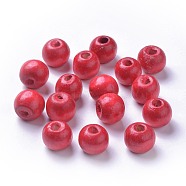 Dyed Natural Wood Beads, Round, Lead Free, Red, 12x11mm, Hole: 4mm, about 1800pcs/1000g(WOOD-Q006-12mm-01-LF)