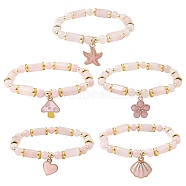 Natural Rose Quartz Beaded Bracelets, Alloy Enamel Pendant Bracelets for Women, Starfish/Mushroom/Shell/Flower/Heart, Mixed Shapes, 1/4 inch(0.6cm), Inner Diameter: 2 inch(5.2cm)(BJEW-JB09468)
