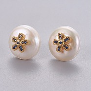 Natural Pearl Stud Earrings, with Brass Micro Pave Cubic Zirconia Findings, Flat Round with Flower, Long-Lasting Plated, with Ear Nuts, Golden, Prussian Blue, 14mm, Pin: 0.8mm(EJEW-L231-10G)