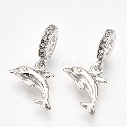 Alloy European Dangle Charms, with Rhinestone, Large Hole Pendants, Dolphin, Crystal, Platinum, 26mm, Hole: 4.5mm(MPDL-S067-027P)