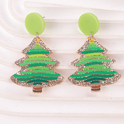 Acrylic Christmas Tree Dangle Stud Earrings, Festive Glittery Holiday Jewelry for Women Girls Christmas Party Festive Accessories, Lime Green, 53x37mm(FS-WGAD6E4-02)