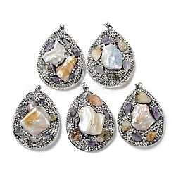 Baroque Natural Freshwater Shell Polymer Clay Rhinestone Big Pendants, Teardrop Charms with Platinum Plated Brass Snap on Bails, Black, 54x41x12.5mm, Hole: 6x4.5mm(BSHE-P033-15A)
