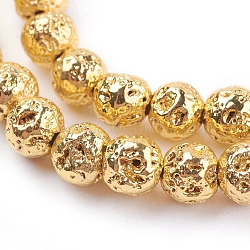 Electroplated Natural Lava Rock Beads Strands, Round, Bumpy, Golden Plated, 4mm, Hole: 1mm, about 90pcs/strand, 15.35 inch(39cm)(G-K259-57-4mm-G)