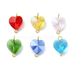 6pcs 6 Colors Glass Heart Connector Charms, with Golden Tone 304 Stainless Steel Loops, Mixed Color, 15x10x7mm, Hole: 1.8mm, 1pc/color(PALLOY-JF03072)