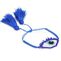 Glass Seed Braided Bead Bracelet with Doubel Tassel, Evil Eye Friendship Bracelet for Women, Royal Blue, 11 inch(28cm)(BJEW-A121-09A)