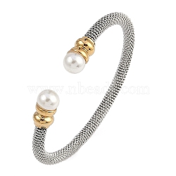 Ion Plating(IP) 304 Stainless Steel Cuff Bangles for Women, with ABS Imitation Pearl, Stainless Steel Color, Inner Diameter: 2-1/4 inch(5.8cm)(STAS-M023-10GP)