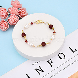 Natural Pearl and Red Agate Bead Links Bracelets, Brass Wire Wrapped Bracelets for Women, Real 14K Gold Plated, 3-3/4 inch(9.5cm)(BJEW-N031-02G)