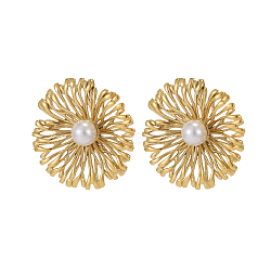 304 Stainless Steel Stud Earrings, with Shell Pearl, Ion Plating(IP), Flower, Real 18K Gold Plated, 33x33mm(STAS-OY011-50G)