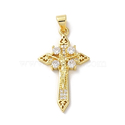 Brass Micro Pave Cubic Zirconia Pendants, Cross, Real 18K Gold Plated, 32x18.5x4.5mm, Hole: 4x3.5mm(KK-A212-08F-G)