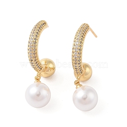 Rack Plating Brass Micro Pave Clear Cubic Zirconia Stud Dangle Earrings for Women, with ABS Plastic Pearl, Cadmium Free & Lead Free, Long-Lasting Plated, Round, Real 18K Gold Plated, 23x4mm(EJEW-G394-10G)