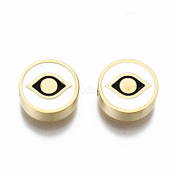 304 Stainless Steel Beads, Laser Cut, with Enamel, White, Flat Round with Eye, Golden, 9.5x3mm, Hole: 2mm(STAS-S080-020G)