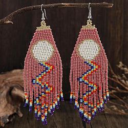 Bohemian Style Tassel Dangle Earrings, with Geometric Glass Beads Handmade, Platinum, Flat Round Pattern, Pink, 115x33mm(HK8665-2)