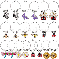 20Pcs 10 Styles Flower & Bee & Butterfly & Beetle Alloy Enamel Dangle Wine Glass Charms, Brass Hoop Earrings, Mixed Color, 42~63mm, Pin: 0.8mm, 2pcs/style(AJEW-BC0003-17)