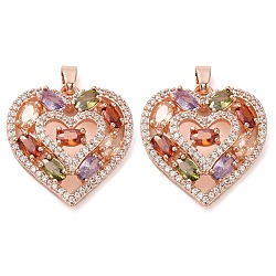 Brass Micro Pave Cubic Zirconia Pendants, Long-Lasting Plated, Rose Gold, Heart Charm, Colorful, 23.5x22x7mm, Hole: 4.5x2.8mm(KK-D061-09RG)