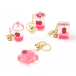 Acrylic Keychain, with Zinc Alloy Lobster Claw Clasps, Iron Key Ring and Brass Bell, Mixed Shapes, Pink, 10~11.5cm(KEYC-C001-02G)