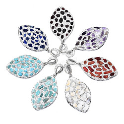 Polymer Clay Rhinestone Pendants, with Gemstone Chip/Natural Shell Chip and PU Leather, Horse Eye, Platinum, PP12(1.8~1.9mm), 51~52x32~33x7~8mm,  Hole: 9mm(RB-S056-12B-P)