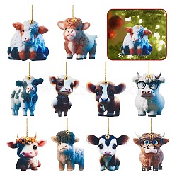 Olycraft 10Pcs 10 Styles Cartoon Cattle Acrylic Pendant Decorations, with Cord and Brass Bell, for Car Hanging Ornaments, Mixed Color, 66.5~80.5x59~79.5x3.7~4, Hole: 2.2~2.5mm, 1pc/style(HJEW-OC0001-33)