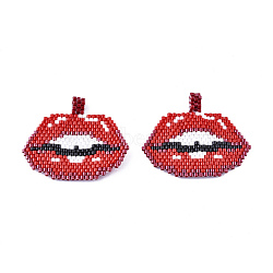 Handmade Seed Beads Pendants, with Elastic Thread, Loom Pattern, Lip, Red, 32~33x40x1.5mm, Hole: 4mm(SEED-I012-55)