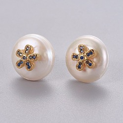 Natural Pearl Stud Earrings, with Brass Micro Pave Cubic Zirconia Findings, Flat Round with Flower, Long-Lasting Plated, with Ear Nuts, Golden, Prussian Blue, 14mm, Pin: 0.8mm(EJEW-L231-10G)