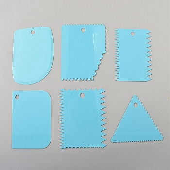 6Pcs 6 Style Plastic Baking Edge Cream Scraper, Dough Cutter, Pastry Spatulas, Cake Decoration Baking Tools, Triangle/Trapezoid/Rectangle, Deep Sky Blue, 95~121x76~109x1mm, Hole: 10mm, 1pcs/style