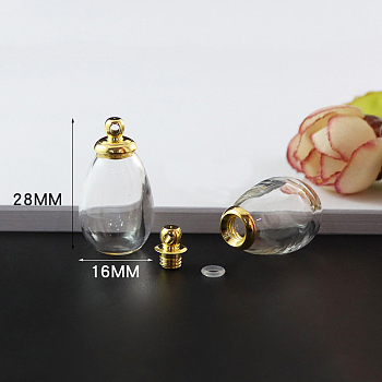 Transparent Glass Openable Perfume Bottle Pendants, with Brass Findings, Teardrop, Clear, 28x16mm