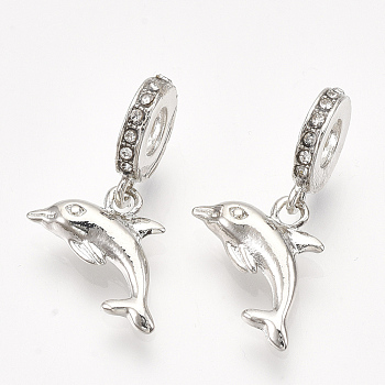 Alloy European Dangle Charms, with Rhinestone, Large Hole Pendants, Dolphin, Crystal, Platinum, 26mm, Hole: 4.5mm