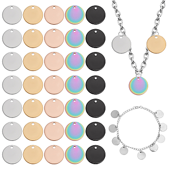 100Pcs 5 Colors 304 Stainless Steel Charms, Stamping Blank Tags, Smooth Surface, Flat Round, Mixed Color, 15x1mm, Hole: 1.2~2mm