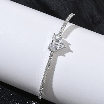 Brass Micro Pave Clear Cubic Zirconia Cuff Bangles, Torque Bangles for Women, Heart, with Glass, Platinum, Inner Diameter: 2.32 inch(5.9cm)