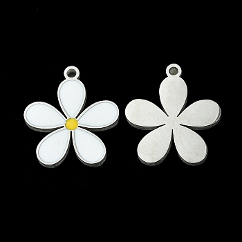 304 Stainless Steel Manual Polishing Pendants, with Enamel, Flower, Stainless Steel Color, 15.5x14x1.5mm, Hole: 1.2mm