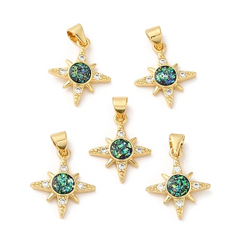 Rack Plating Brass Micro Pave Cubic Zirconia with Synthetic Opal Pendants, with Jump Ring, Lead Free & Cadmium Free, Long-Lasting Plated, Star, Real 18K Gold Plated, 18x15.5x3mm, Hole: 5x3.4mm