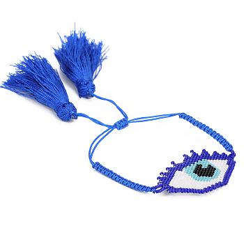 Glass Seed Braided Bead Bracelet with Double Tassel, Evil Eye Friendship Bracelet for Women, Royal Blue, 11 inch(28cm)
