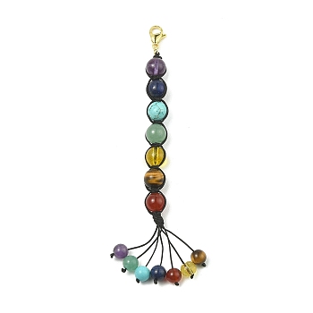 Chakra Gemstone Pendant Decorations, with Lobster Claw Clasps and Gemstone Bead Tassel Hanging Ornaments, Golden, 116mm