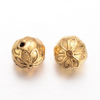 Round Alloy Beads, with Flower Pattern, Antique Golden, 10mm, Hole: 1mm