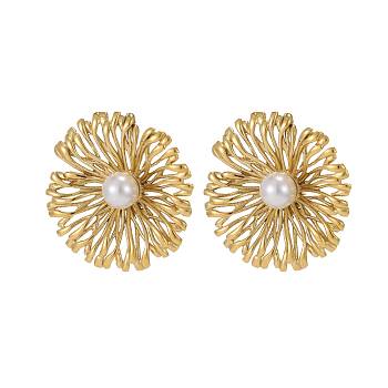 304 Stainless Steel Stud Earrings, with Shell Pearl, Ion Plating(IP), Flower, Real 18K Gold Plated, 33x33mm