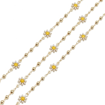 Handmade Golden Brass Enamel Link Chains, with Round Beads and Spool, Soldered, Long-Lasting Plated, Flower, Yellow, 3mm and 13x7.5x2mm, 32.8 Feet(10m)/roll