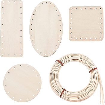 DIY Making Kits, including Wooden Knitting Crochet Bottoms Set and Rattan Stickers, Antique White, Sticker: 3mm, Bottoms: 9~17.5x9~10.5x0.28~0.29cm, Hole: 3mm