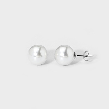 Elegant Titanium Steel Imitation Pearl Stud Earrings, Round, Silver